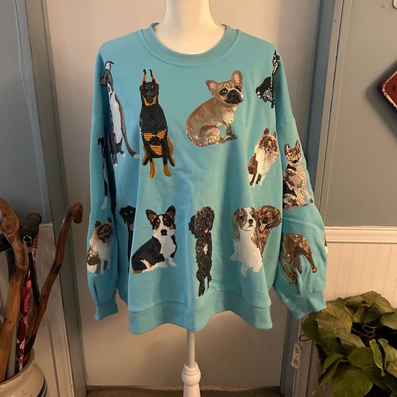 QUEEN OF SPARKLES Tops - QUEEN OF SPARKLES Blue Sweatshirt with Dog Designs